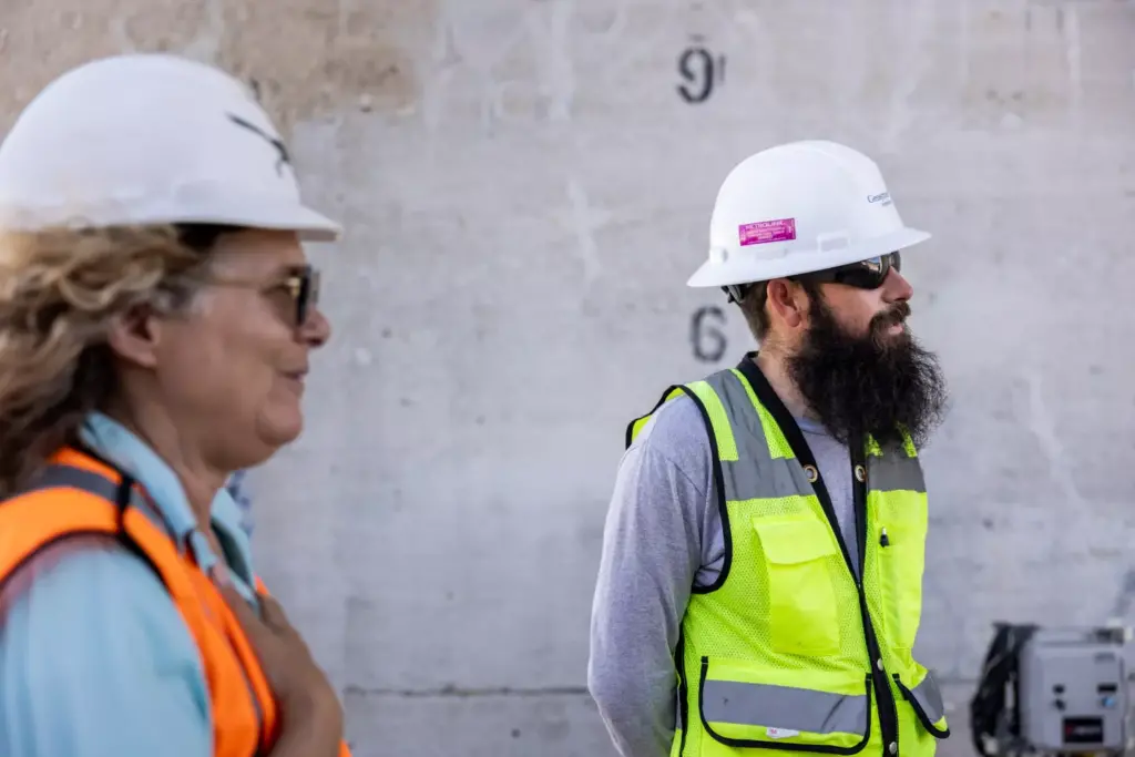 Lauren Bon, at top, with Levi Walden of Geosyntec Consultants. (Jay L. Clendenin / Los Angeles Times)